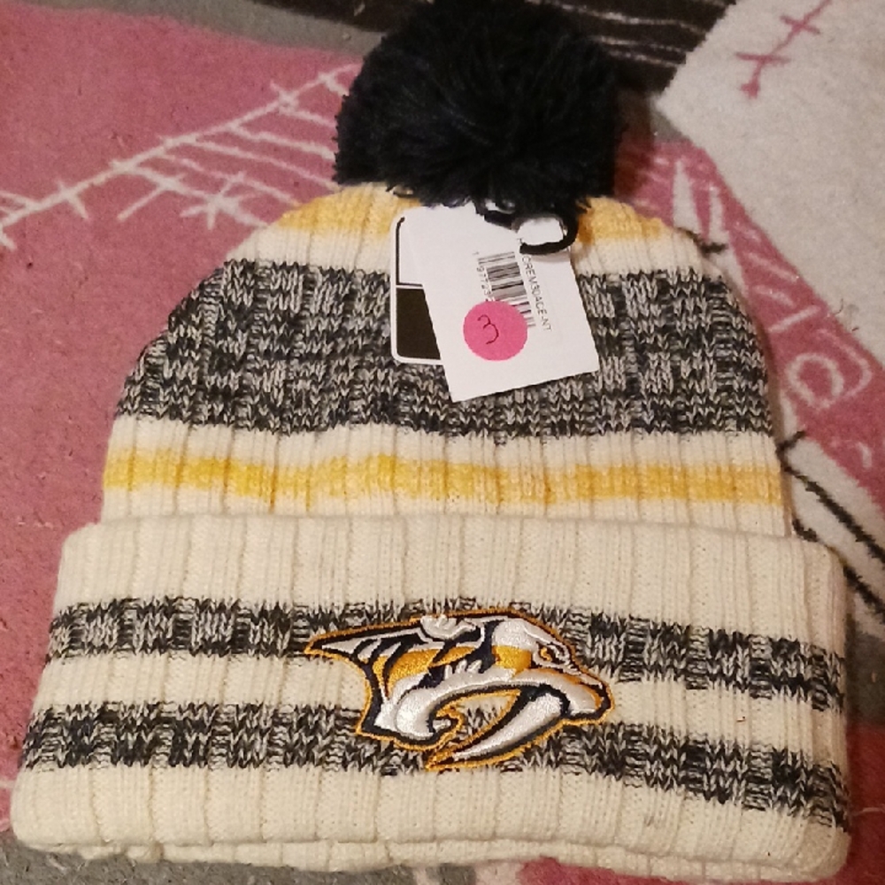 Mens Striped Knit Beanie with Pom
